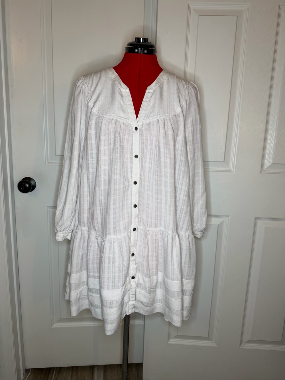 Anthropologie Holding Horses Boho White Tiered 3/4 Sleeve Dress Women L Pockets